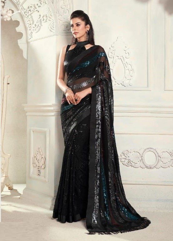 Dark Black Colour Hit Design TFH New Latest Party Wear Soft Georgette Saree Collection 6416